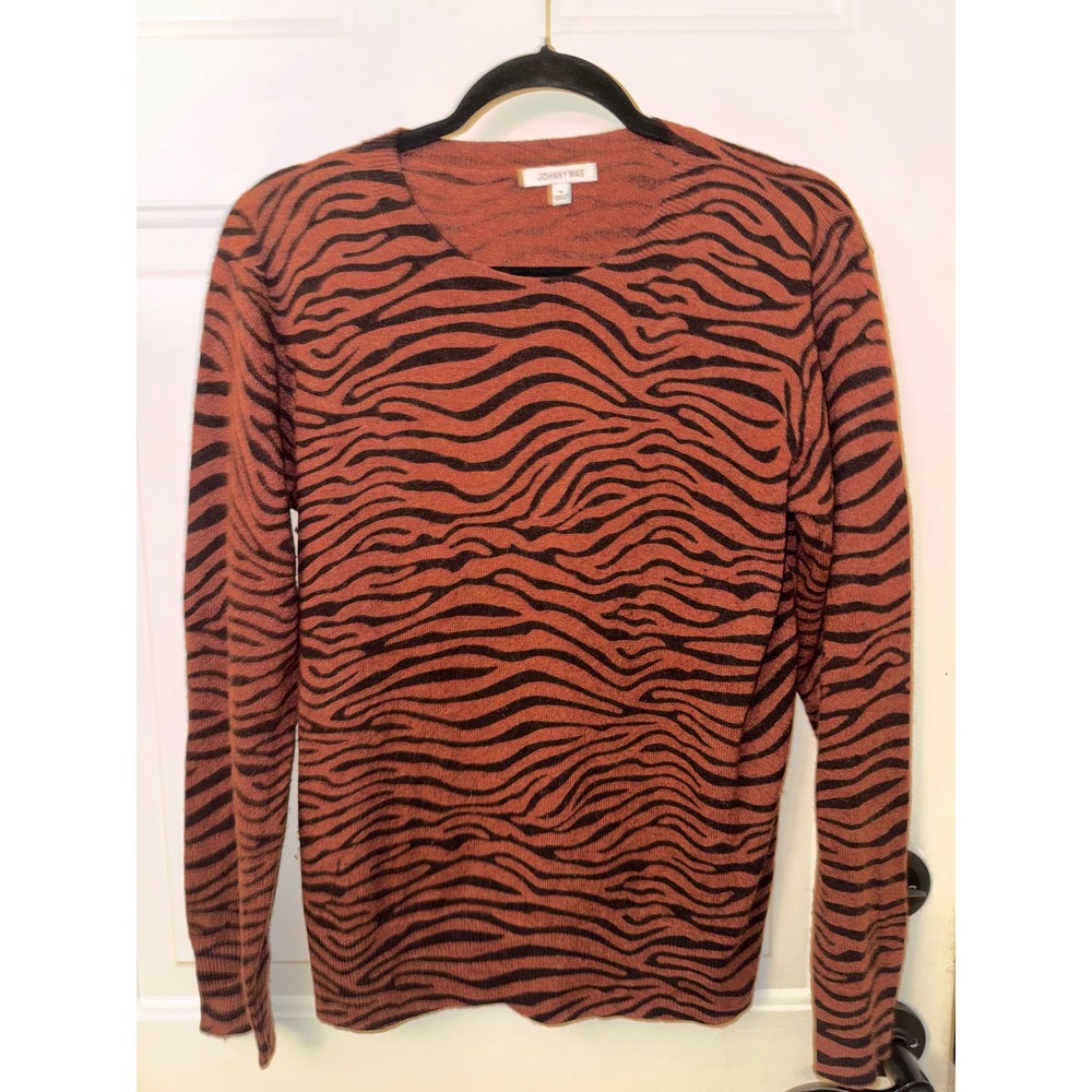 Johnny Was 100% Cashmere Zebra Print Sweater Rust Orange Black M53421 Size M